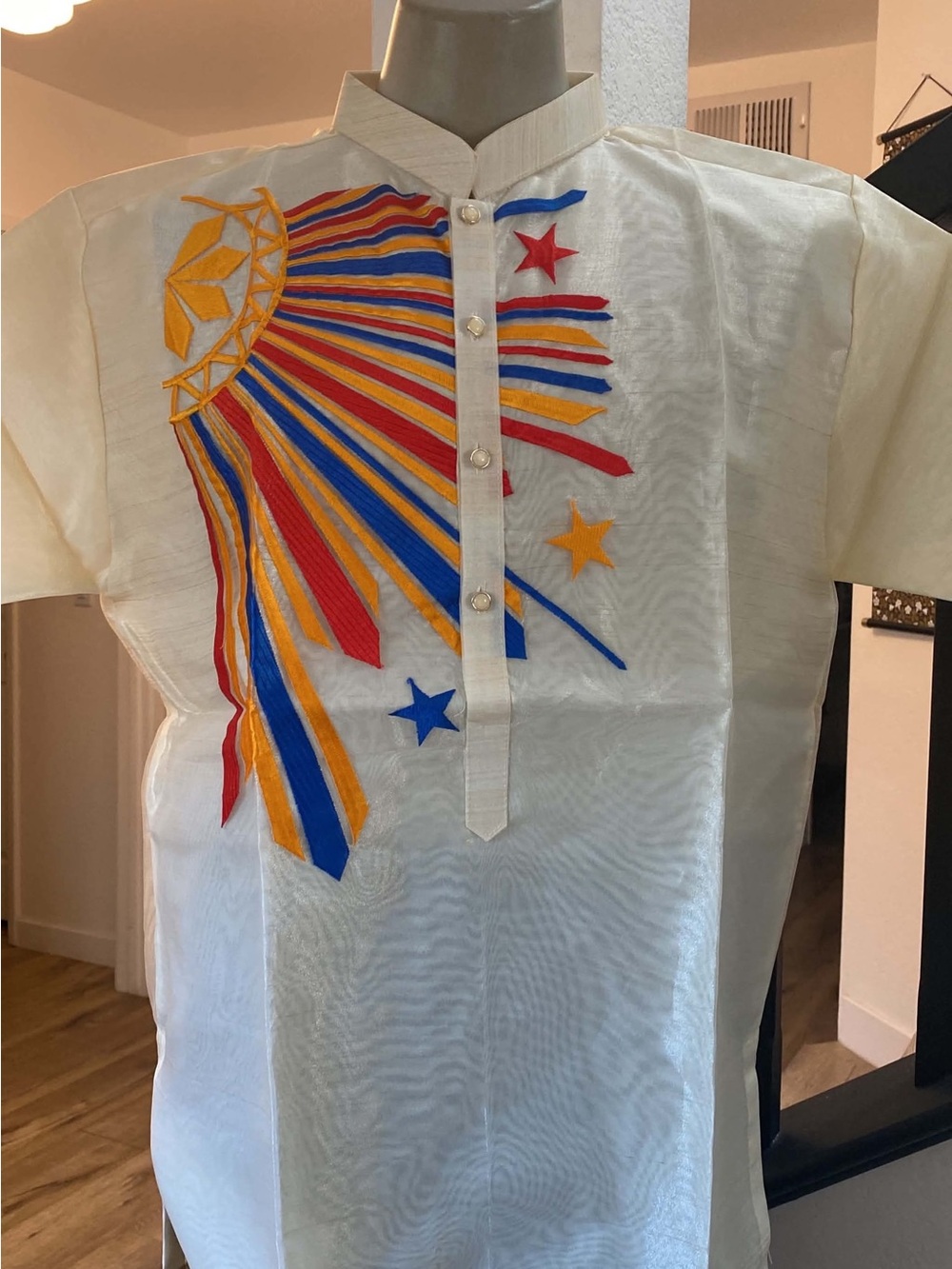 Men's Barong Tagalog Cream Embroidered Shirt with Multicolor Sunburst